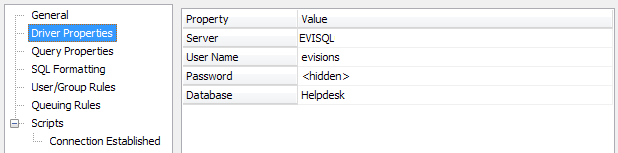 Server: EVISQL. Username: evisions.  Password: <hidden>.  Database: Helpdesk